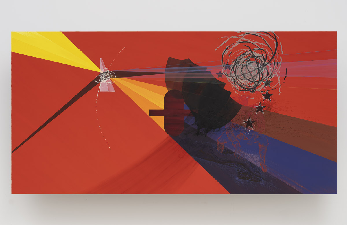 Red, yellow, orange, purple and black pinating of abstract and geometric shapes on an aluminum panel, hung on a white wall.