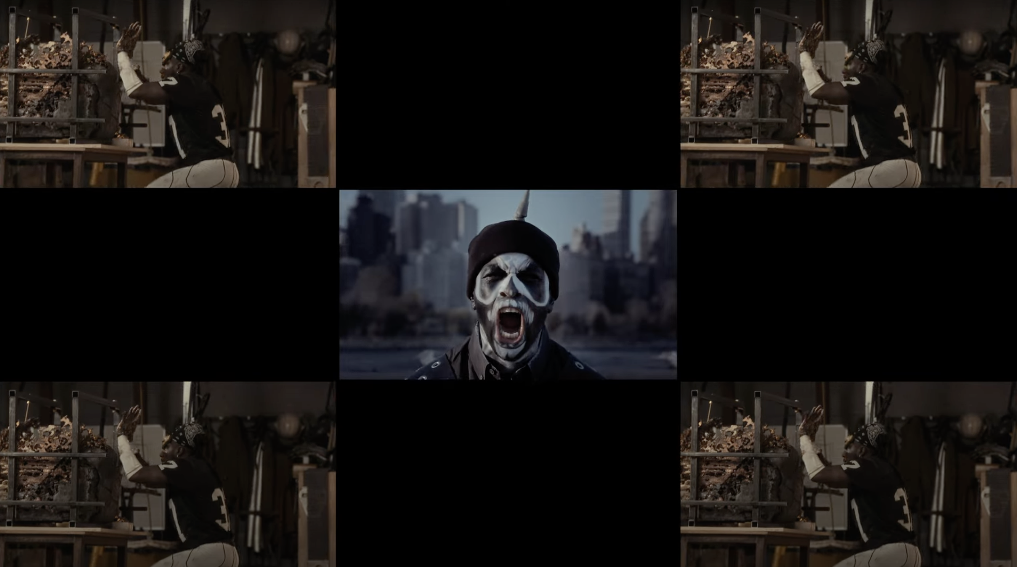 video still with multiple frames of man in a football jersey and a man with facepaint 