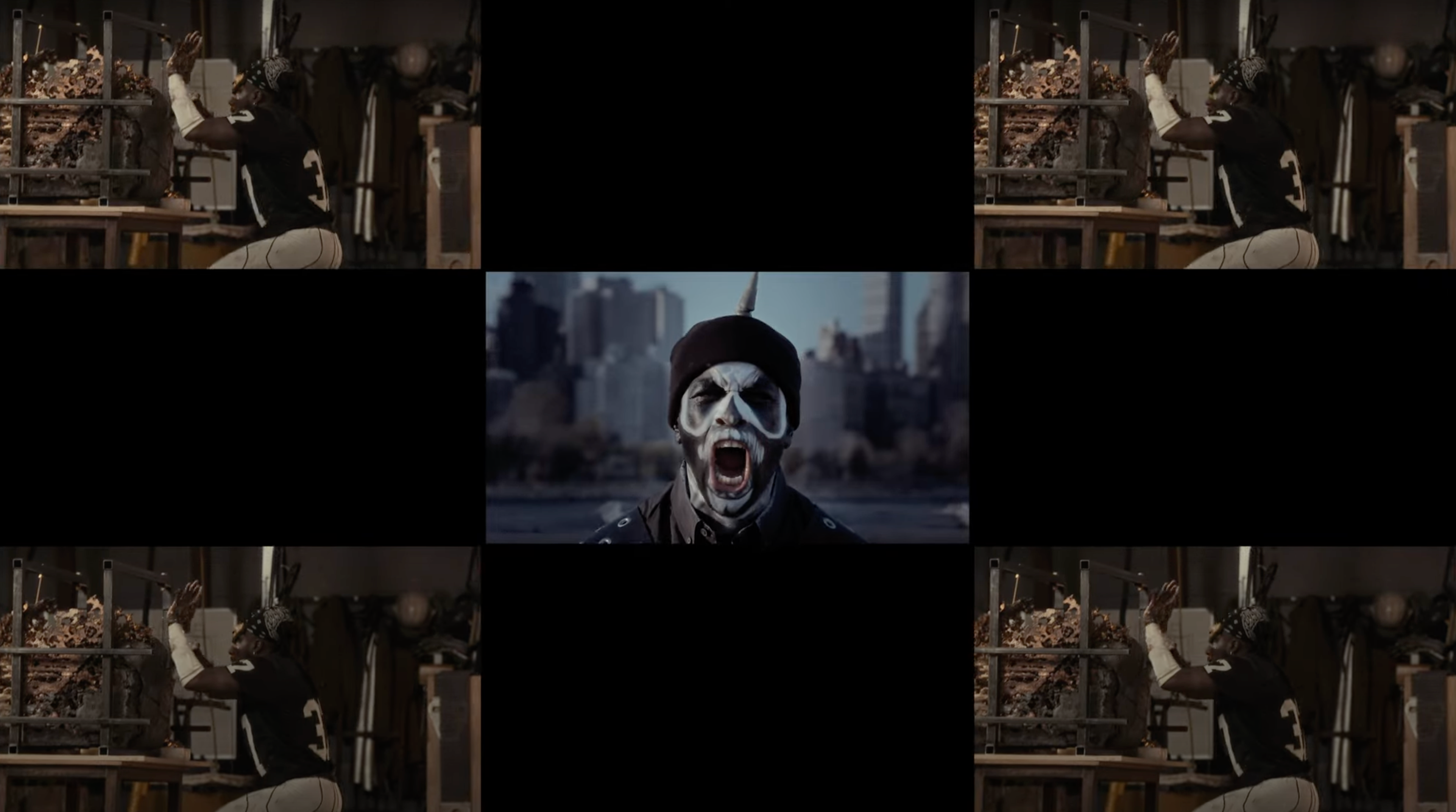 video still with multiple frames of man in a football jersey and a man with facepaint