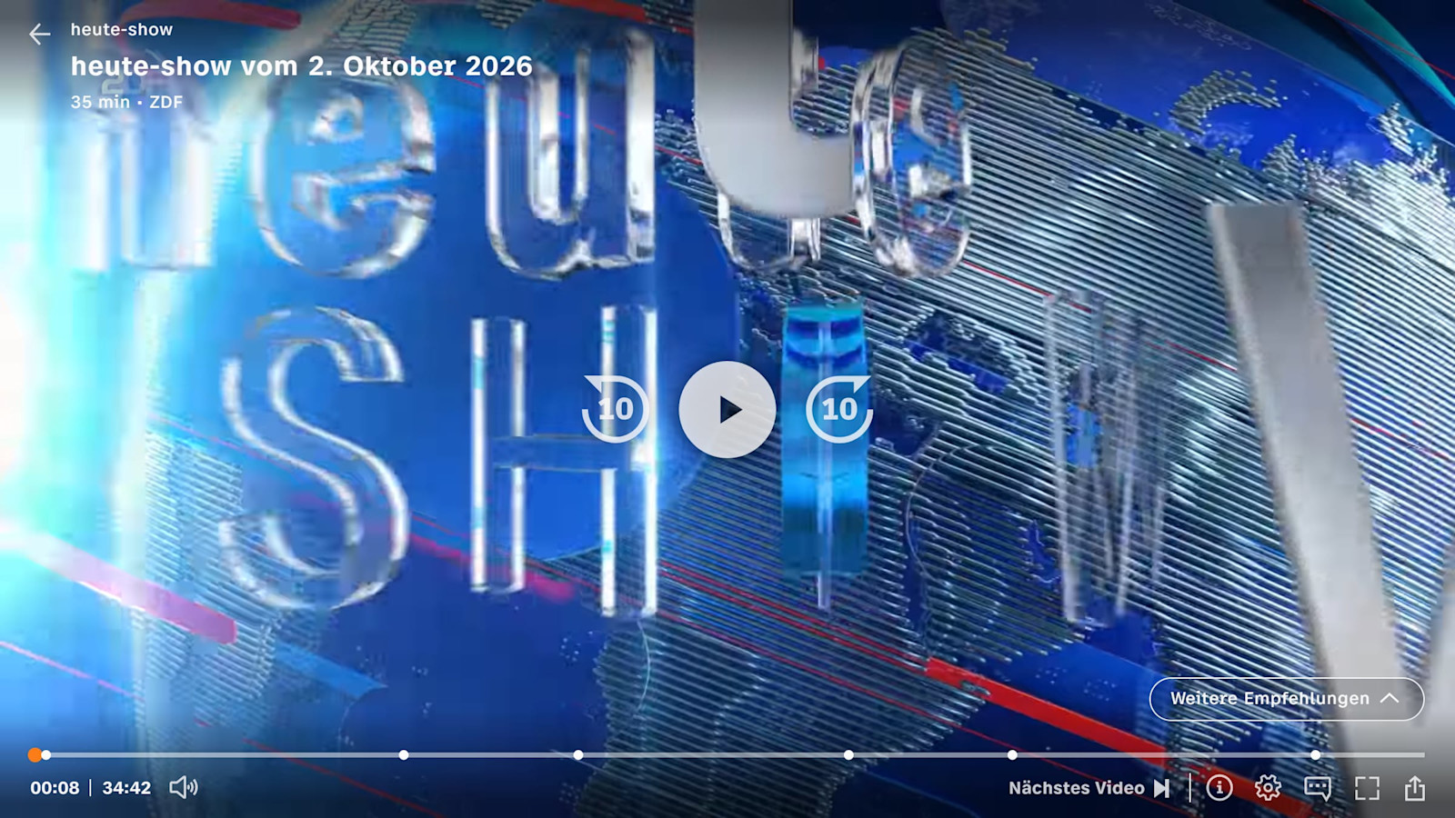 The zdf.de video player, paused in the heute-show intro, with its controls: timeline, ten seconds back and forward, subtitles and settings.
