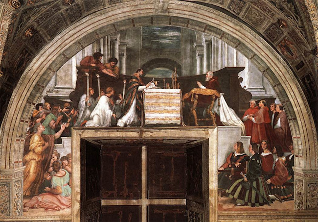 Raphael's "Mass at Bolsena," depicting the miracle of transubstantiation, in which the bread began to "bleed."
