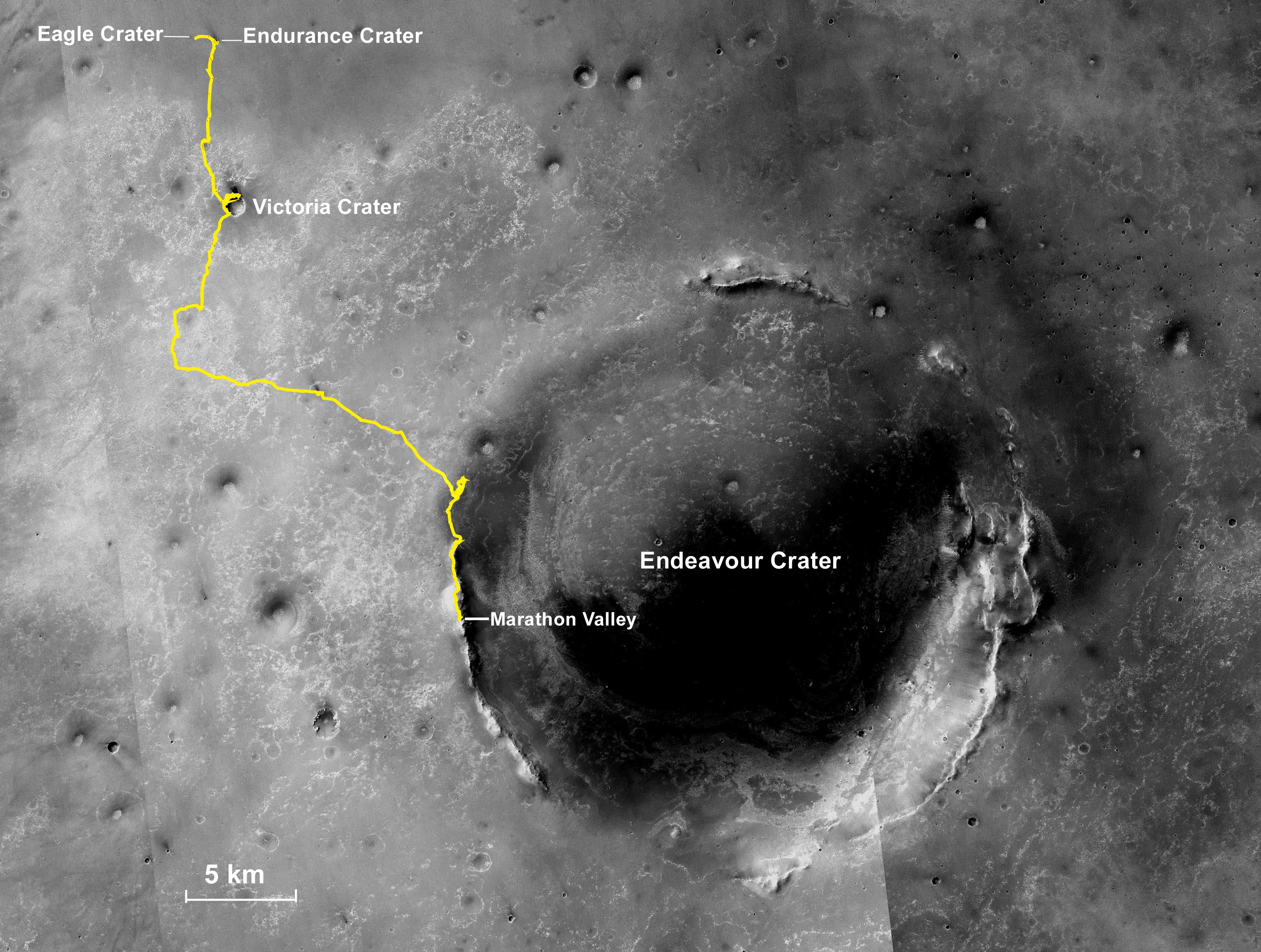 a map showing Opportunity's path from landing over to the large Endeavour Crater