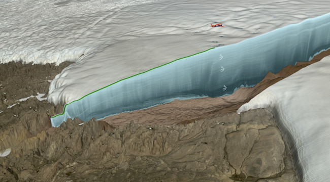 Rendition of the ice radar survey over Hiawatha Glacier by the Alfred Wegener Institute’s Polar 6 research aircraft. The radar data reveal both the topography beneath the ice and the layering of the ice itself. (Credit: Natural History Museum of Denmark, Cryospheric Sciences Lab, NASA Goddard Space Flight Center, Greenbelt, MD, USA)