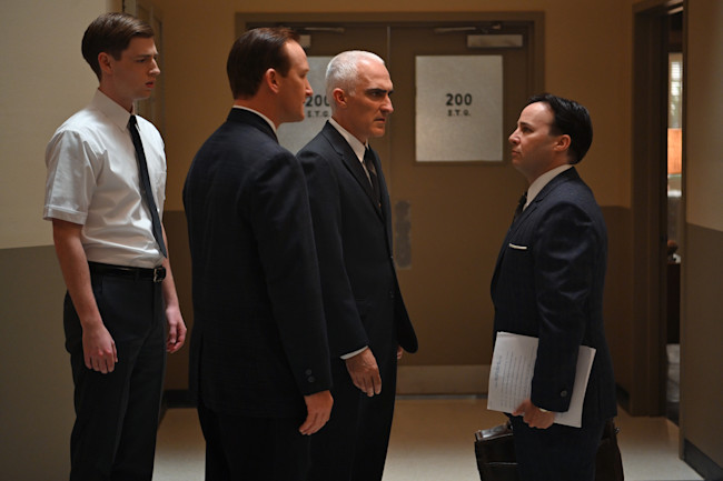 A tense moment with NASA flight operations director Chris Kraft (played by Eric Ladin, center left) and his mentor, Bob Gilruth (played by Patrick Fischler, center right) in episode 2 of "The Right Stuff." (Credit: NatGeo)