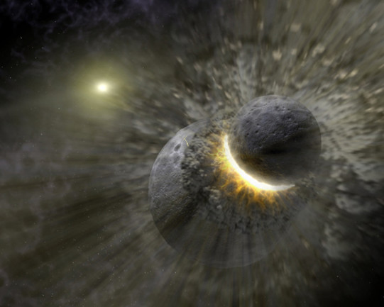 An artist’s rendering shows a planetary collision near the star Vega. The Moon may have formed from the debris of such an impact between Earth and a Mars-sized body. Credit: NASA 