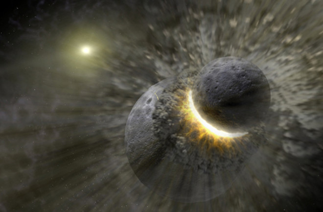 An artist’s rendering shows a planetary collision near the star Vega. The Moon may have formed from the debris of such an impact between Earth and a Mars-sized body. Credit: NASA 