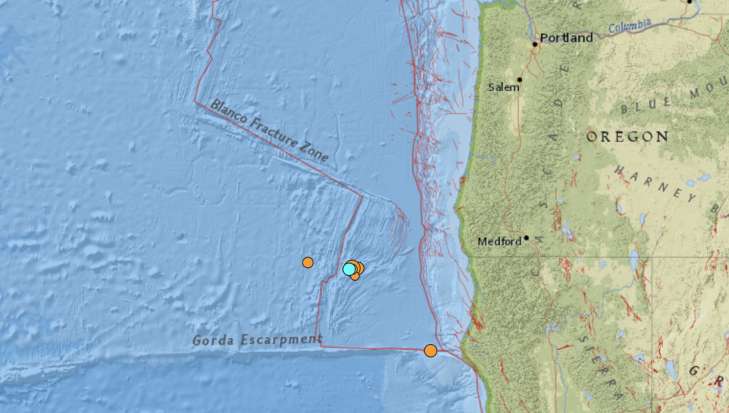Locations of the July 24-25, 2018 earthquake swarm off the coast of Oregon and California. USGS.