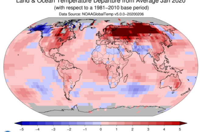 Global temperature anomalies for January 2020
