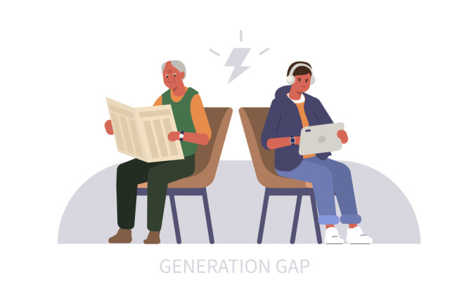 Older man reading a newspaper with teenage boy using tablet representing generation gap
