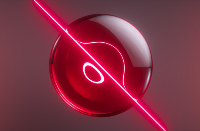 3d render, abstract neon background with glass ball and laser ray, glowing infrared light