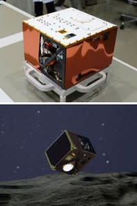 MASCOT on Earth (top), and as it might appear now on Ryugu. (Credit: DLR)