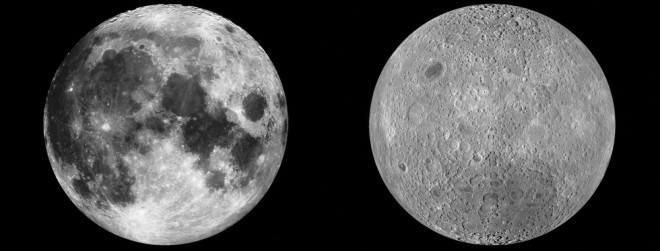 Near side of the moon (left) with large, flat plains represented by dark shapes. Far side of the moon appears (right) contains more craters