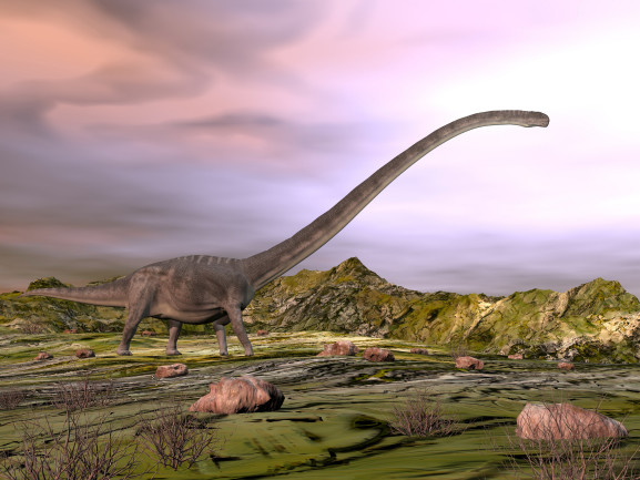 Omeisaurus walking in the desert - 3D render - stock photo