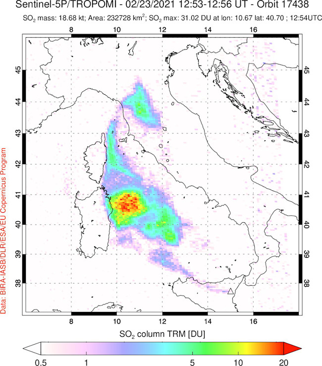 The sulfur dioxide plume produced by Etna in mid-February 2021.