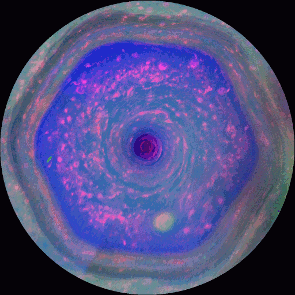 Saturn&#039;s hexagon formation in its atmosphere swirls around