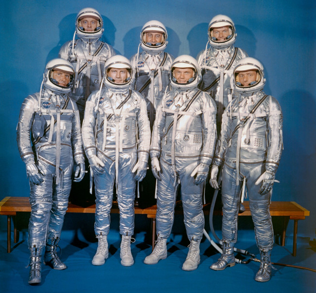 NASA's iconic 1960 publicity shot of the Mercury 7 astronauts, looking suited up and ready to win the space race. (Credit: NASA)