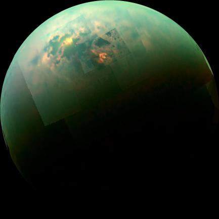 A near-infrared color image of Titan’s north pole, taken by NASA’s Cassini spacecraft. Image: NASA 
