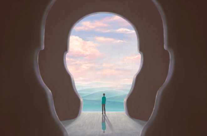 brain illustration person looking at water