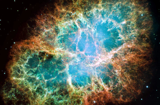 The Crab Nebula as imaged by the Hubble Space Telescopes' WFPC2 camera. Assembled from 24 individual exposures