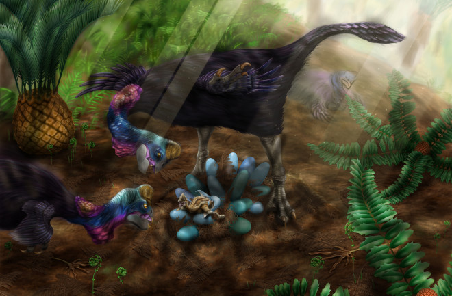 High-resolution depiction of nesting oviraptorids, Late cretaceous China.