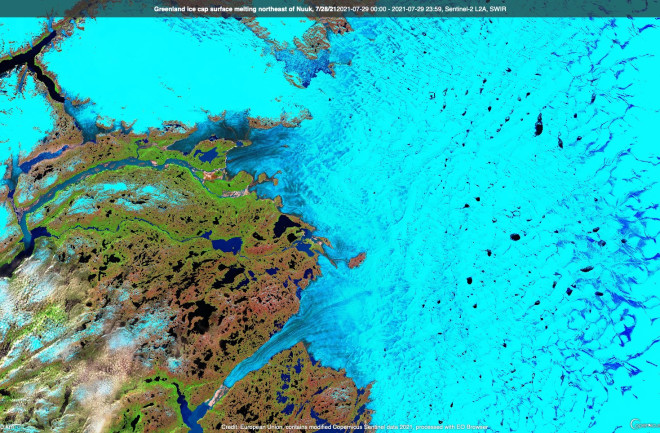 Sentinel 2 Shortwave Infrared Composite View of Greenland on 7/29/21