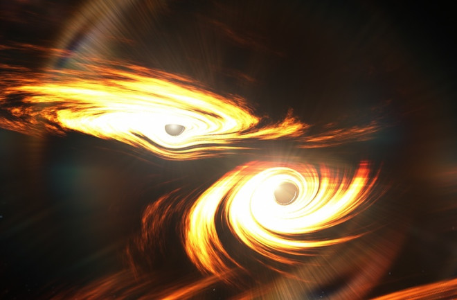 An artist's impression of two black holes colliding. (Credit: LIGO/Caltech/MIT/R. Hurt, IPAC)