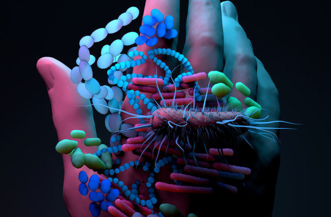 Baby Microbiome, the infant gut microbiome, genetic material of all the microbes. 3d illustration