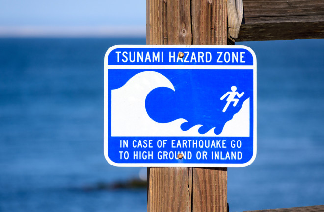Tsunami Hazard Zone warning sign on ocean coast