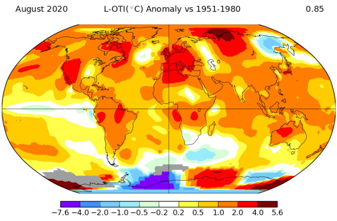 Global Temperature Anomalies in August of 2020 - NASA