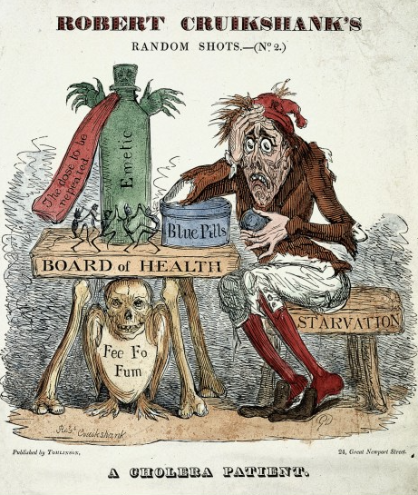 An 1832 etching by Robert Cruikshank, "A Cholera Patient," displaying assorted remedies and their attendant anxieties. IV therapy is excluded. Image: Robert Cruikshank. Source: Wellcome Collection. Click for source.