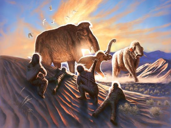 Three mammoths being watched by a family of ancient Alaskans