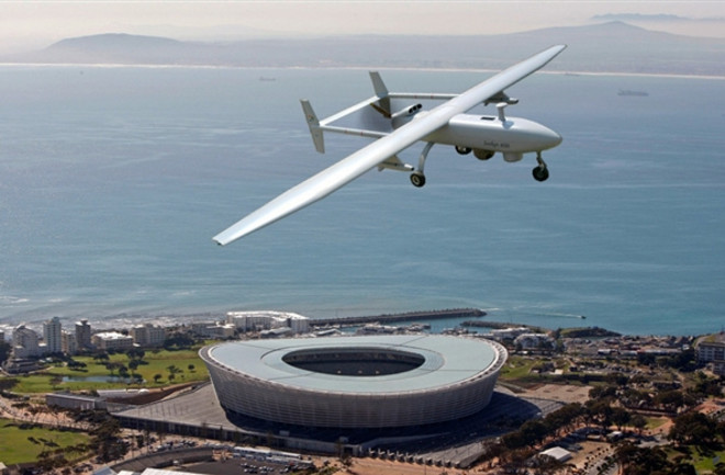 A Seeker 400 drone, manufactured by South African company Denel Dynamics, flies over Cape Town Stadium.