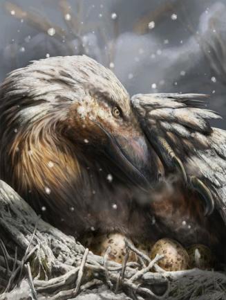 A feathered dinosaur protects its eggs in a nest amidst falling snow. Its brown and gray plumage suggests adaptations for cold climates, indicative of evolutionary traits for migration and survival