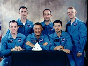 The Apollo 1 prime and backup crews. Front: White, Grissom, and Chaffee. Back: Young, McDivitt, Schweikart. NASA