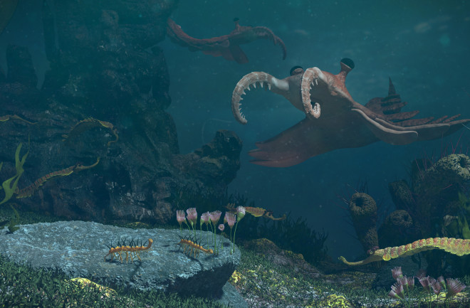Underwater creatures of the Cambrian period (3d science rendering)