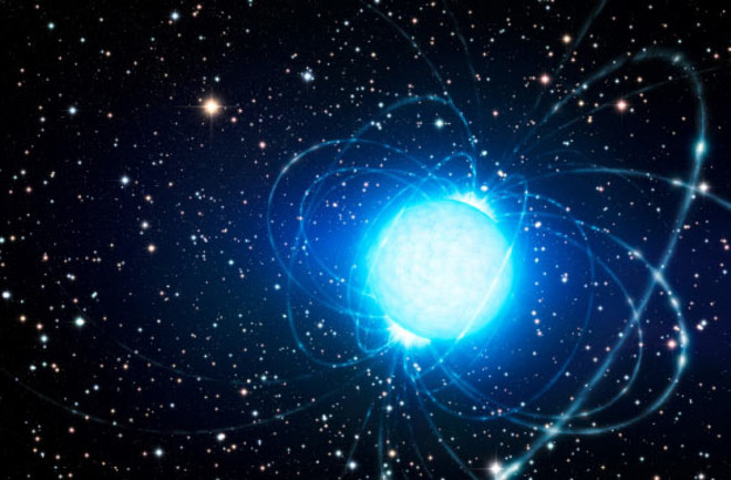 Artist conception of a powerful neutron star, one of the proposed sources for fast radio bursts. Image credit: L. Calçada / ESO. 