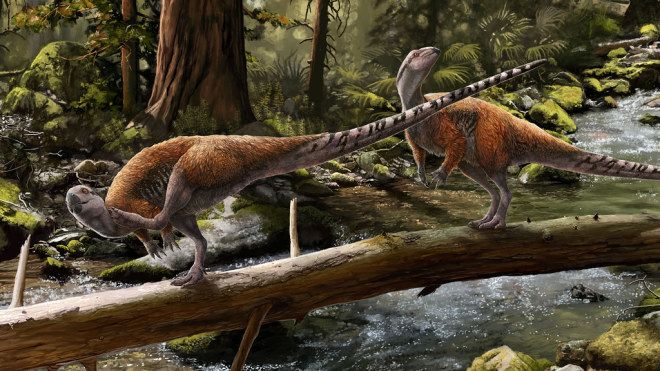 Two Vectidromeus insularis dinosaurs walking across a branch over the waters of Isle of Wight 