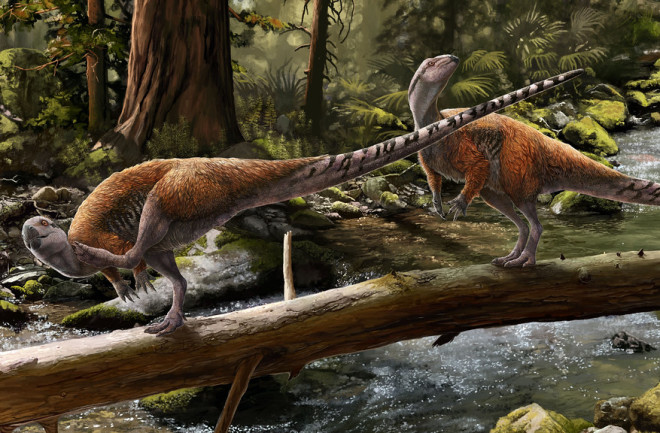 Two Vectidromeus insularis dinosaurs walking across a branch over the waters of Isle of Wight 