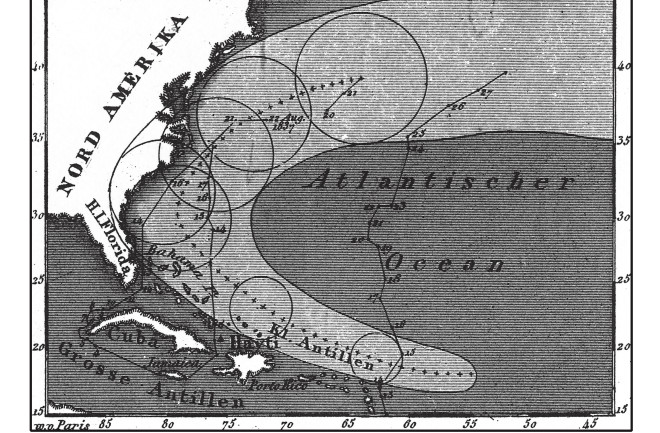 1851 Chart of Hurricanes in the Atlantic Ocean 