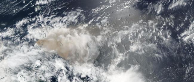 Ash drifting east from La Soufriere