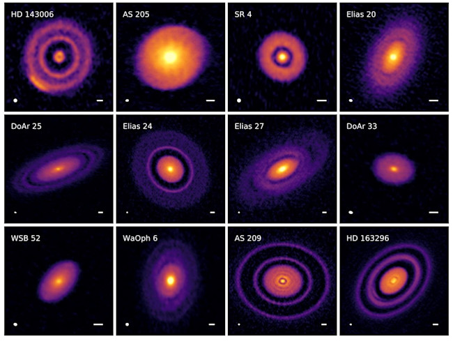 A survey of newborn stars using the ALMA Observatory shows them surrounded by huge pancakes of material, called protoplanetary disks, where planets are being born. (Credit; Andrea Isella/DSHARP/ALMA)