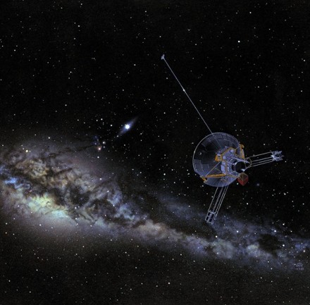 This artist&#039;s concept shows Pioneer venturing out into interstellar space. Both Pioneer 10 and 11 carry a plaque bearing a message from Earth. (Credit: NASA)