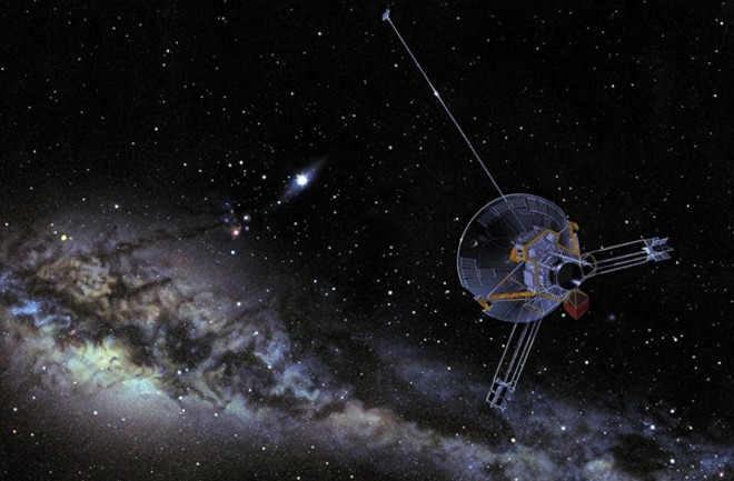 This artist&#039;s concept shows Pioneer venturing out into interstellar space. Both Pioneer 10 and 11 carry a plaque bearing a message from Earth. (Credit: NASA)
