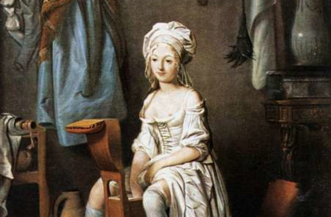 French woman using bidet, oil on canvas