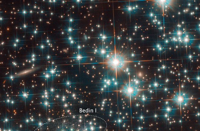 a field of bright stars with dwarf galaxy Bedin 1 circled at lower left