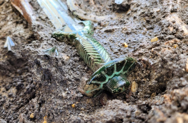 The hilt of a the recently discovered Bronze Age sword, which was extraordinarily well-preserved