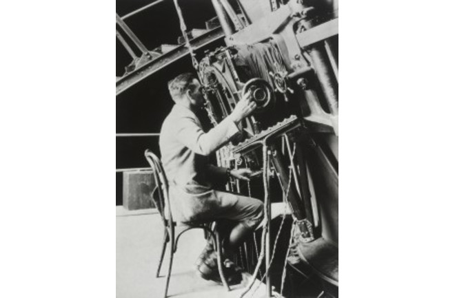 Edwin Hubble at the controls of the 100-inch telescope at Mount Wilson, circa 1922. (Credit: Huntington Library) January science milestones