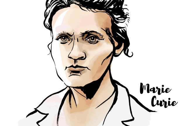 Portrait of Marie Curie in a lab coat