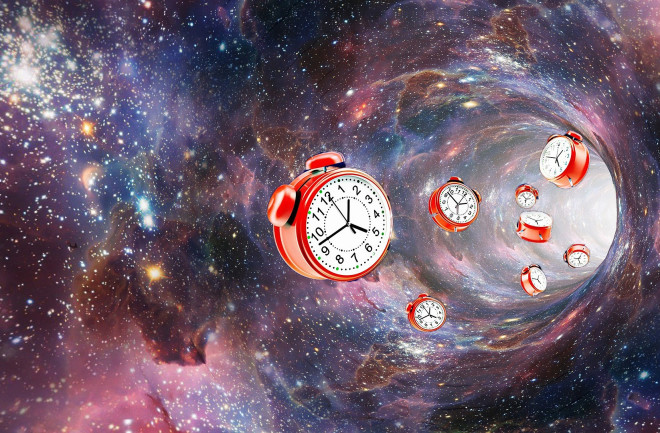 multiple-red-alarm-clocks-drifiting-in-a-spiral-of-cosmic-matter