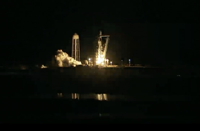 The first flight of the redesigned Crew Dragon capsule, dubbed Demo-1, happened at around 2 a.m. Saturday. (Credit: SpaceX Livestream)